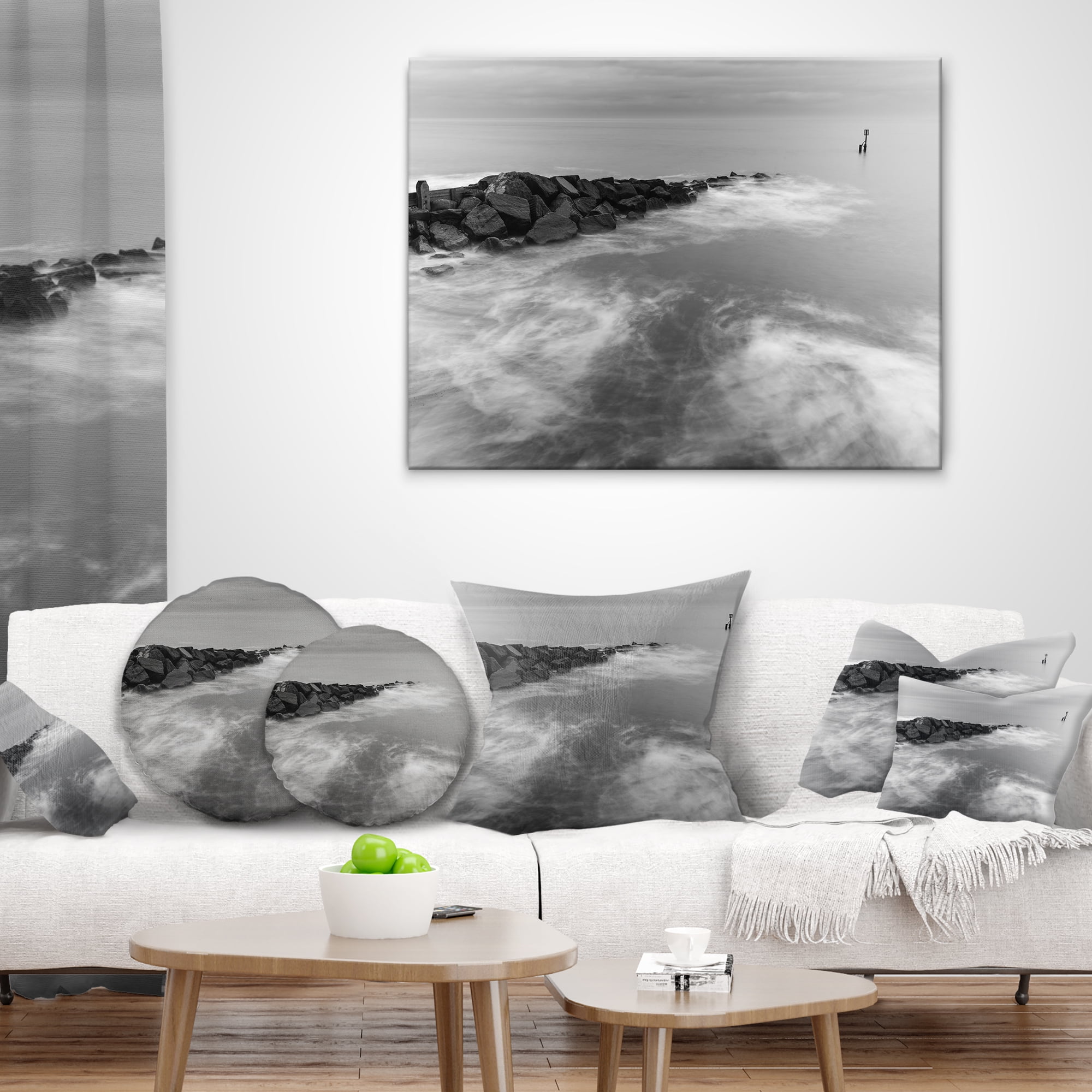 Designart Milky Waves Splashing Over Rocks - Modern Seascape Throw Pillow - 18x18