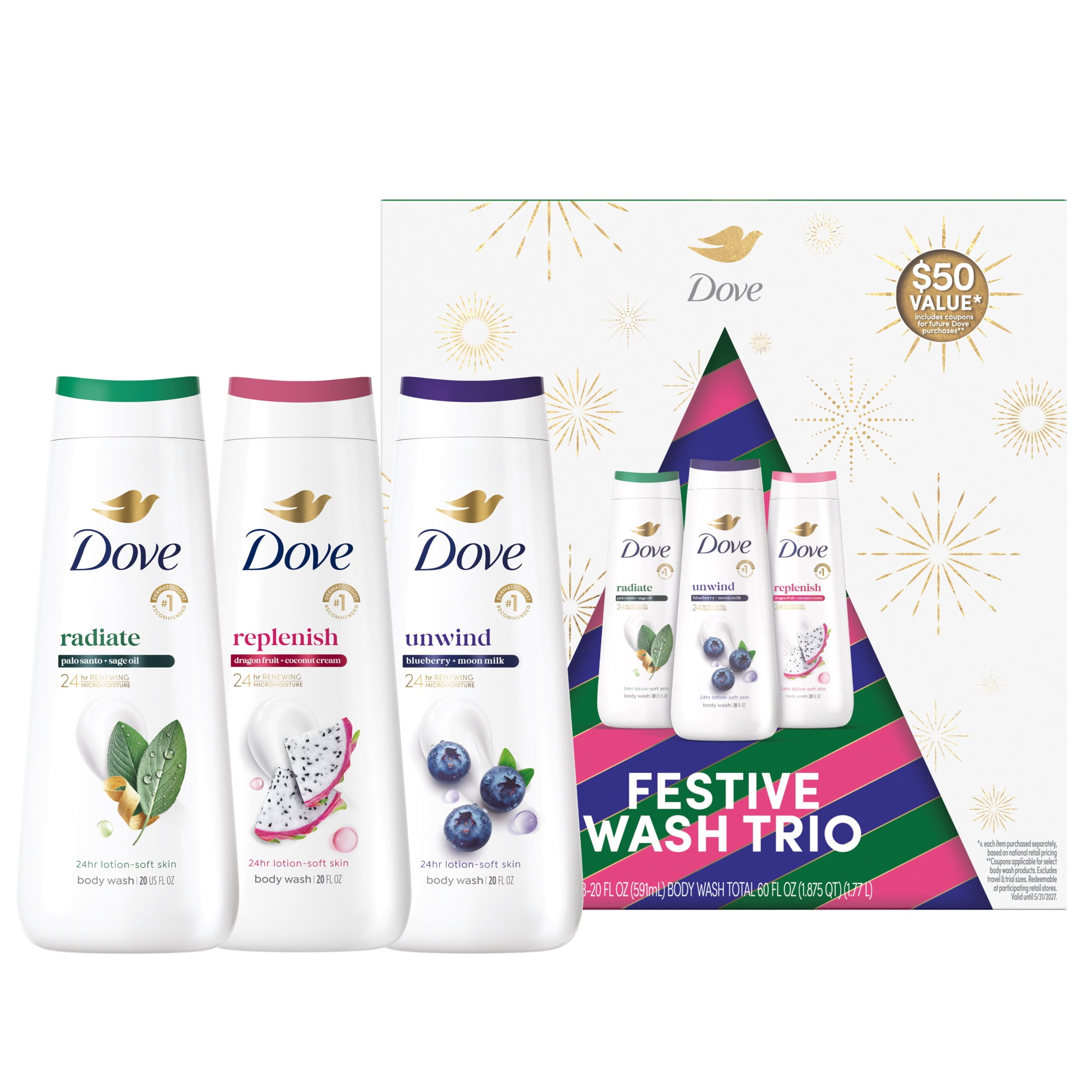 Dove Limited Edition Festive Wash Trio Gift Set For Hydrated & Soft Skin, 3 Pack