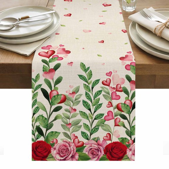 Valentine's Day Table Runner - 70 Inch Long, Kitchen Dining Table Runner Dresser Scarves, Pink Red Roses Love Heart Eucalyptus Burlap Farmhouse Decor for Coffee Tables Wedding Party Banquet