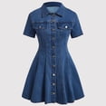 thumbnail image 3 of Katigan Women Denim Dress Button Down Close Short Sleeve A-Line Cotton Jean Dress Deep Blue XXL, 3 of 8