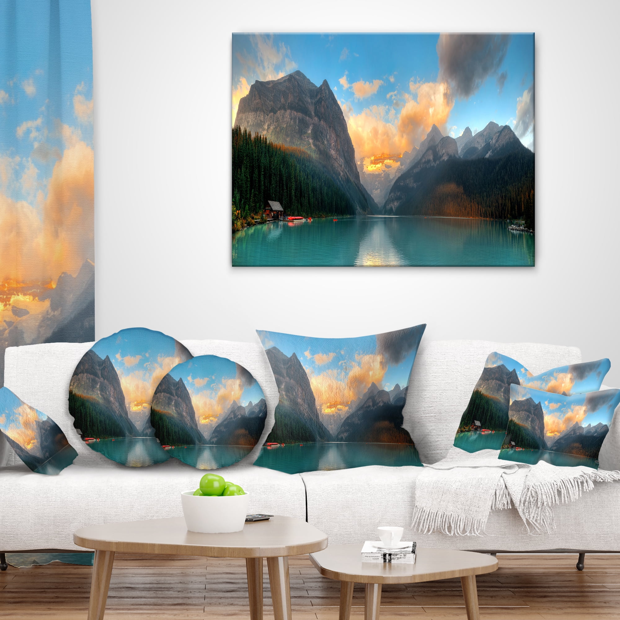 Designart Lake Louise Sunrise Banff Park - Modern Seascape Throw Pillow - 18x18