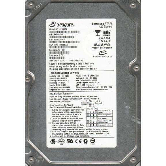 ST3120023A, 3KA, AMK, PN 9W4001-301, FW 3.31, Seagate 120GB IDE 3.5 Hard Drive