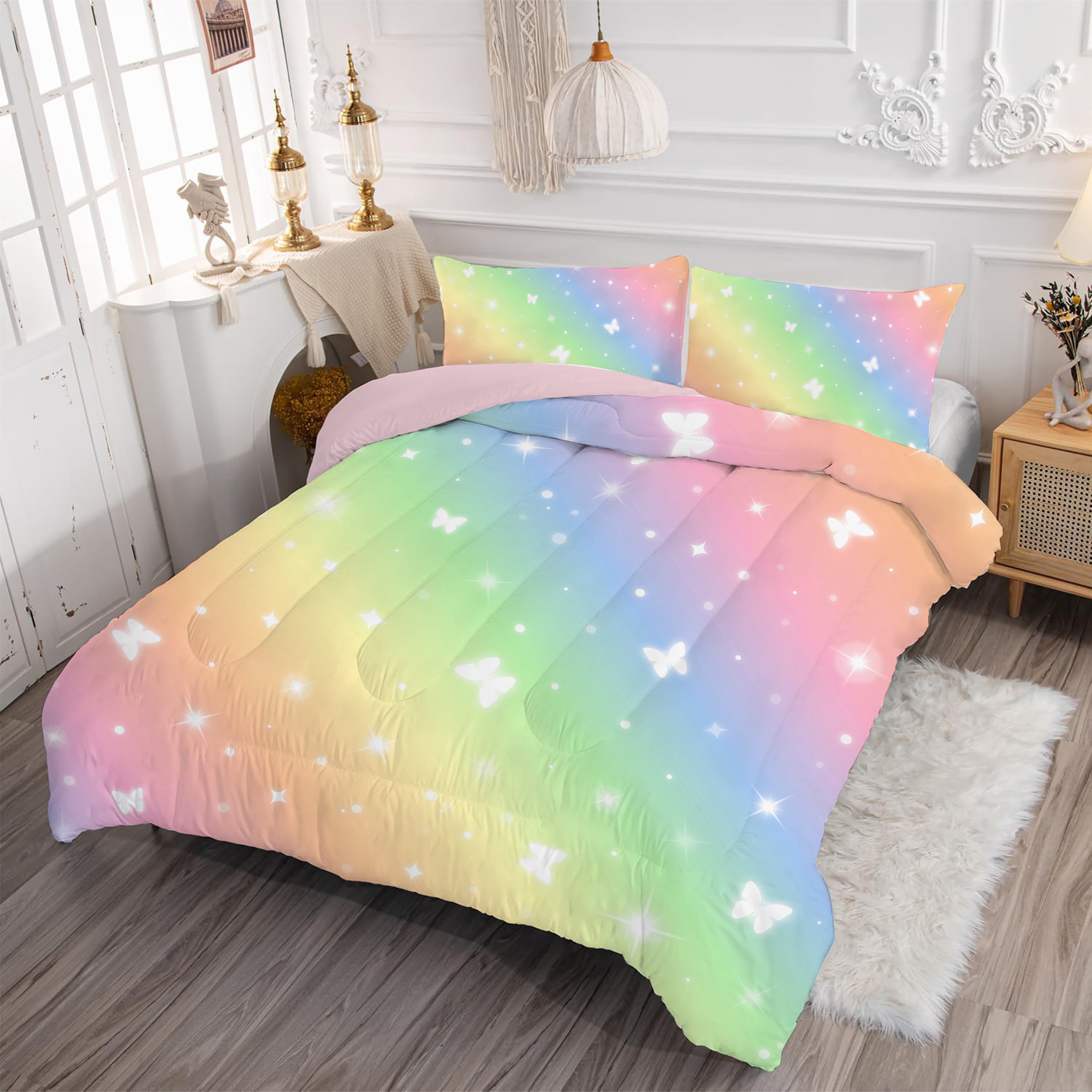 Psoiuetr Gradient Butterfly Glitter Bedding Set for Kids Girls Teens Twin Size Galaxy Rainbow Comforter Set Pink 3Pcs