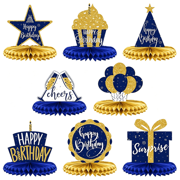 NORIZF 8 Pieces Blue Gold Happy Birthday Table Decorations Happy Birthday Honeycomb Centerpieces Glitter Table Toppers Blue and Gold Party Decorations for Men and Women Party Supplies