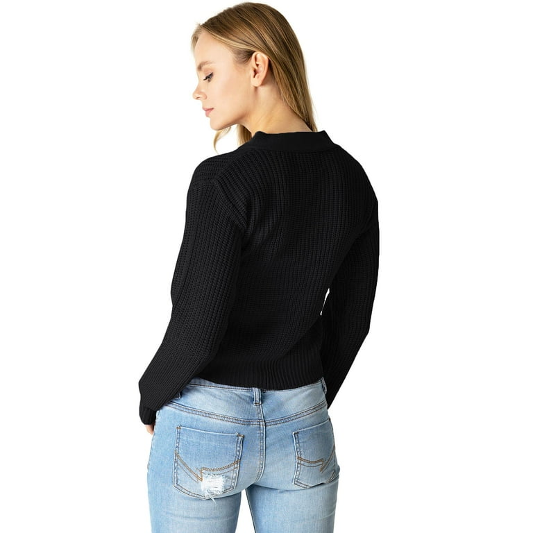 Ambiance Apparel Women's Juniors Crop Cardigan Sweater (Black, Small)