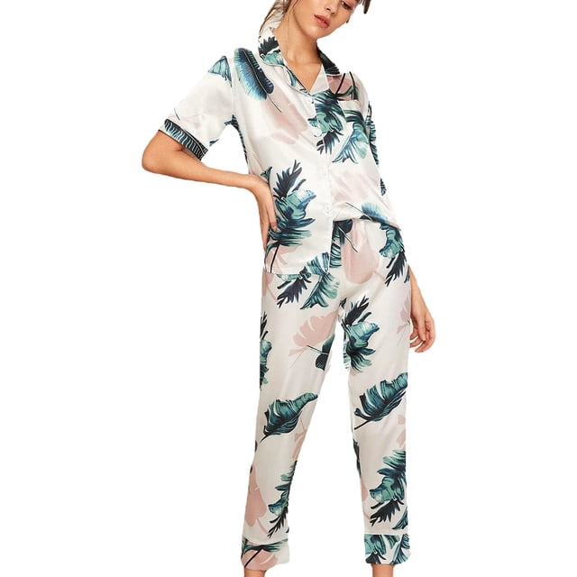 Mujeres de dos piezas pijamas sedoso manga corta Top Pant set V Masajeadores cuello botón Abrigos plumas moda verano ropa dormir loungewear