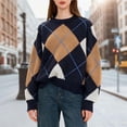 thumbnail image 2 of Sweater for Women Diamond Grid Vintage Patchwork Knitted Long Sleeve Lightweight Sweaters Khaki, 2 of 9