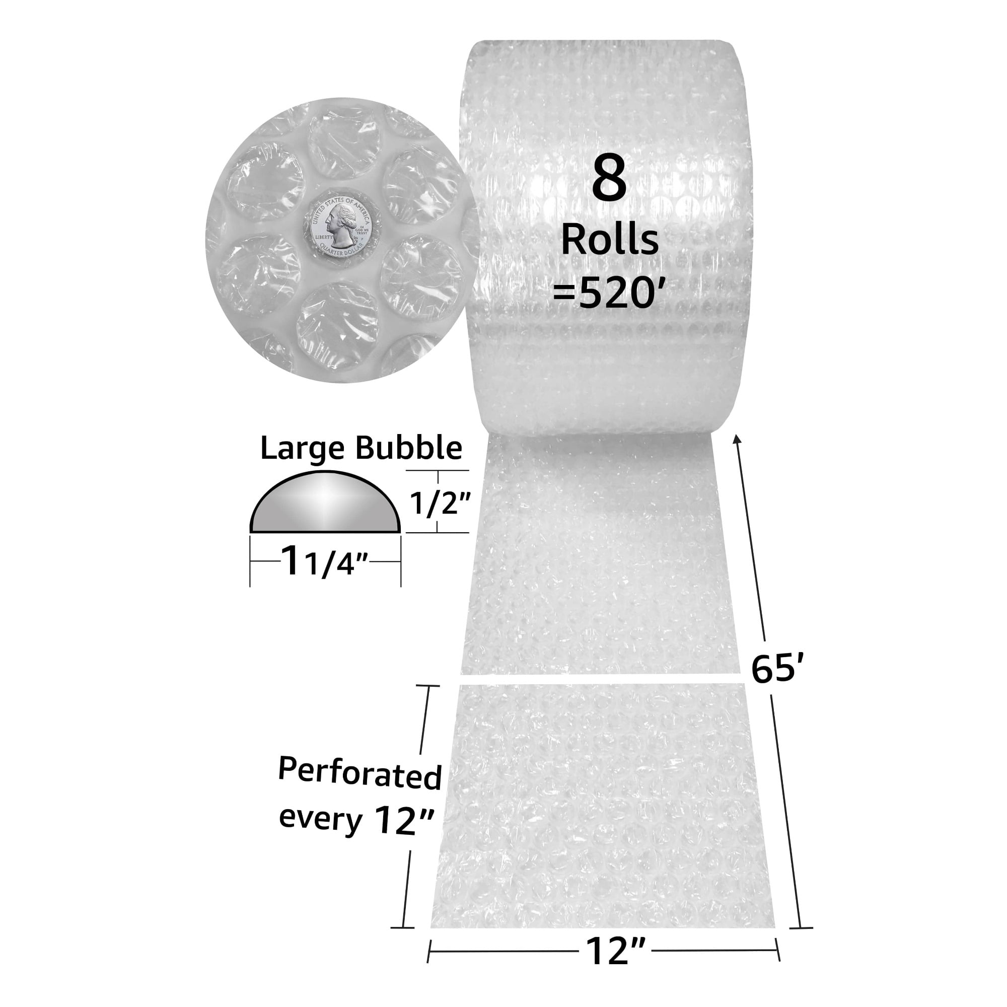 UOFFICE  1/2" Perforated Bubble Wrap Rolls, 520 ft x 12", Clear, 1 Count, 1 Pack