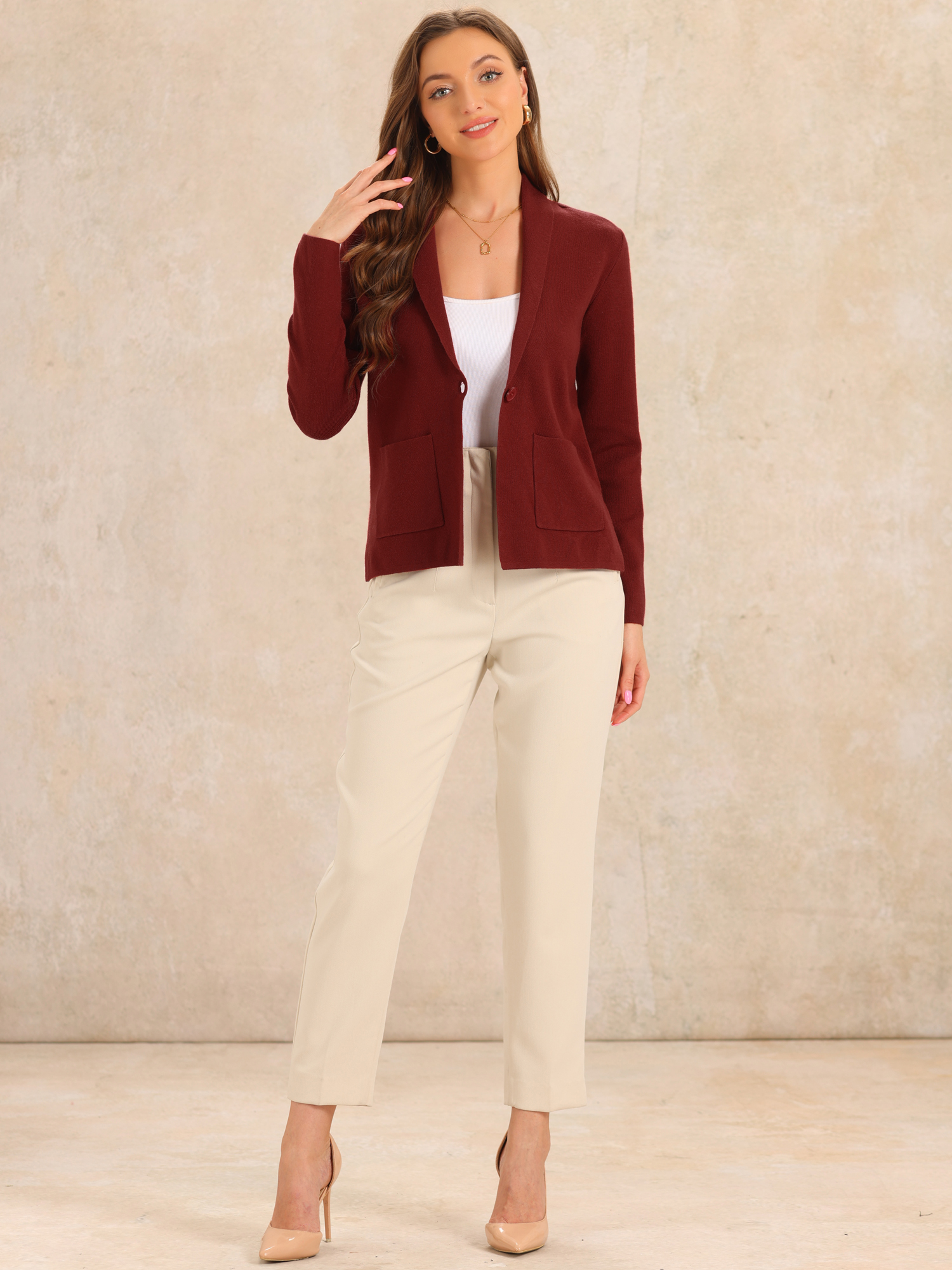 DARING DIVA Women's Long Sleeve Button Open Front Knit Cardigans with Pockets S Red