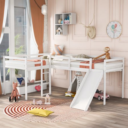 L-Shaped Loft Bed with Slide  Wooden Loft Beds for 3 Kids   Twin Size Loft Bed with Built-in Ladders 76x39.5x46.1 inch  White
