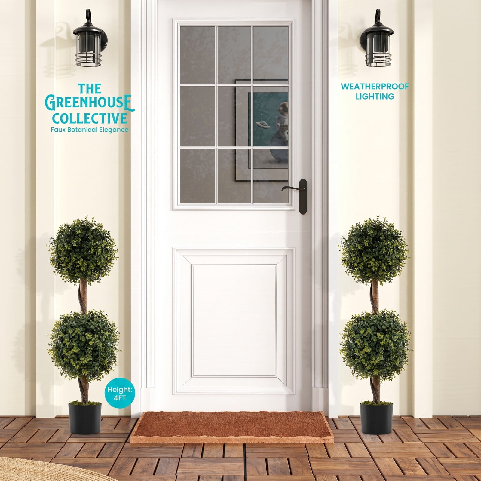 ALPULON Set of 2 Artificial Double Topiary Ball Trees, 35.5 Inch Faux Boxwood Plants with Cement-Filled Pots for Indoor Outdoor Home Office Front Porch Decor, Green