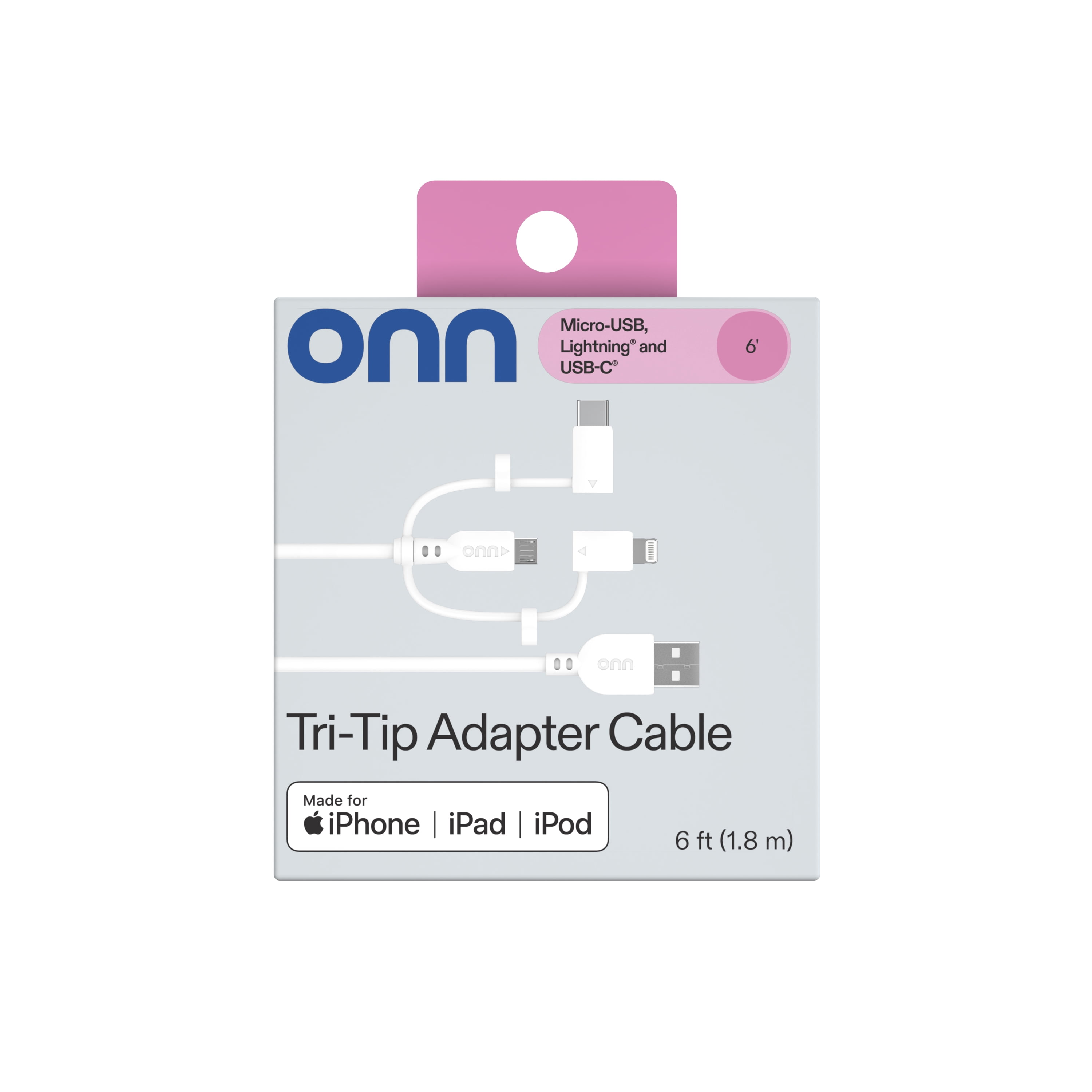 ONN 6' Micro-USB to Lightning to USB-C Cable, White