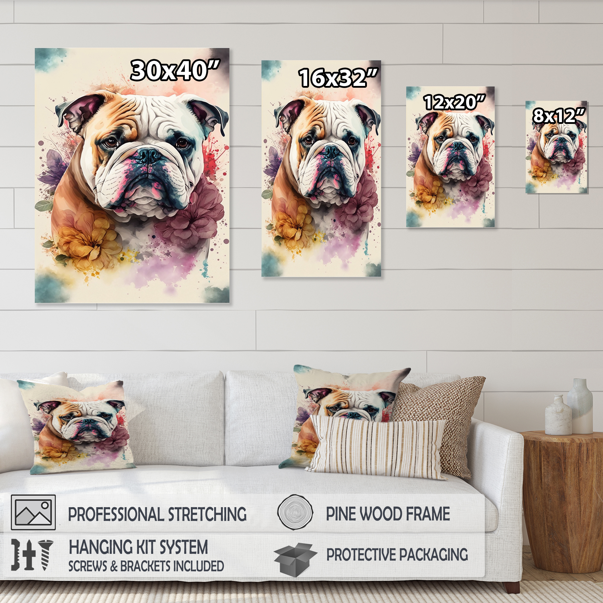Designart Cute Bulldogs Floral Art Canvas Wall Art