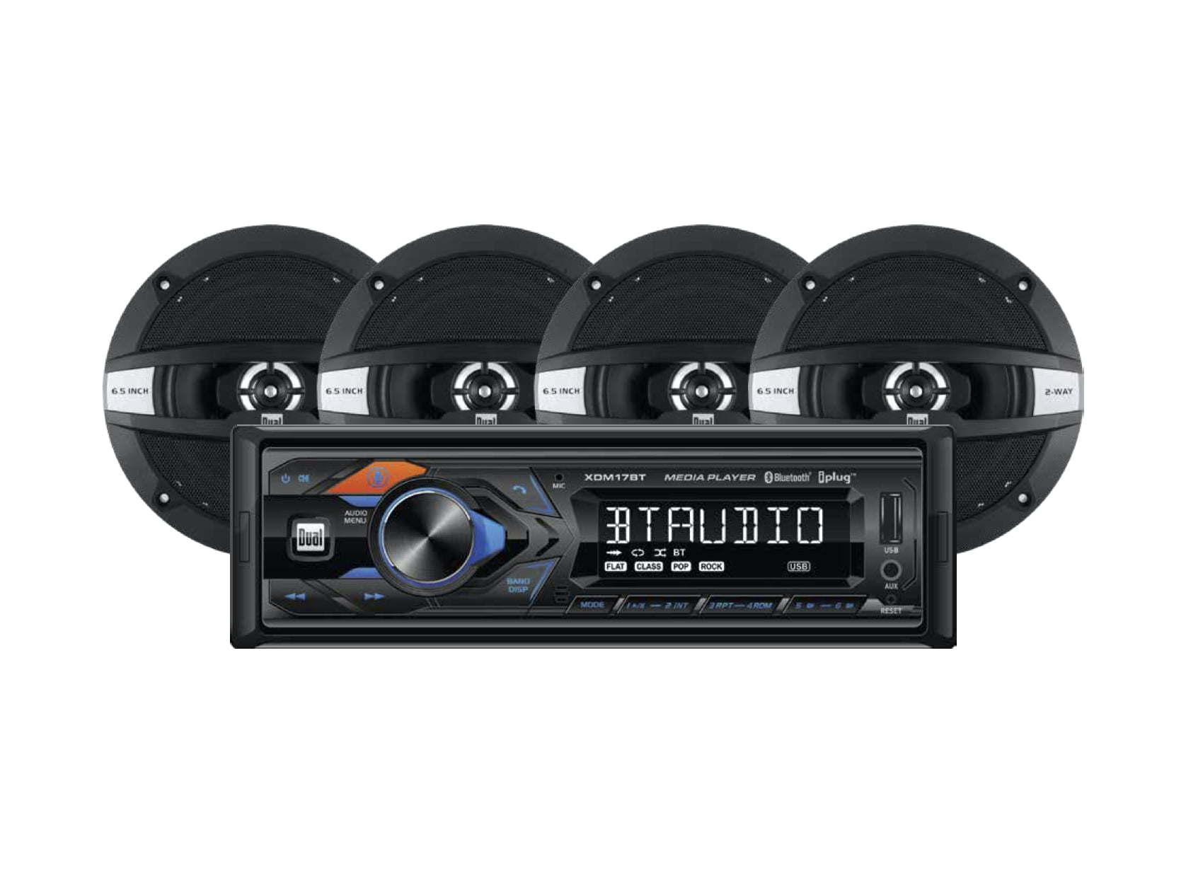 Dual Electronics Car Audio Bundle XDM17SPK4 Stereo and (4) 6.5' Coaxial Speakers, Single DIN, Bluetooth, USB, MP3, Siri/Google Assist Button