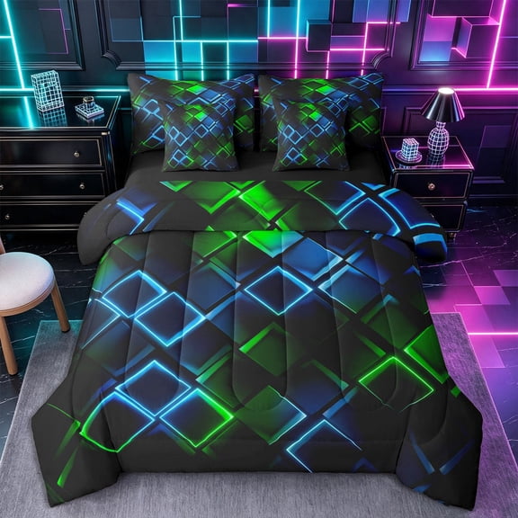 Castle Fairy Abstract Neon Block 7-Piece Twin Bedding,Minimalism Futuristic Cubes Bedding Comforter Set,Green Blue Black,Reversible