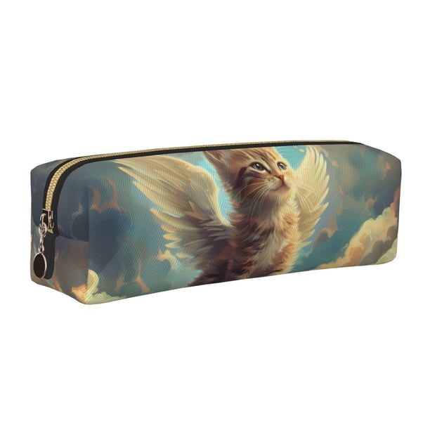 Easygdp Sunshine Cloud Cute Cat para Estuche de Lápices de Cuero, Estuche de Papelería de Cuero, Estuche de Gran Capacidad con Cremallera
