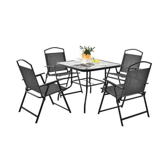 Demifill Patio Dining Set for 4 with Umbrella Hole, Patio Set with Portable Folding Chairs, Space-Saving Dining Furniture Set for Outdoor, Gray