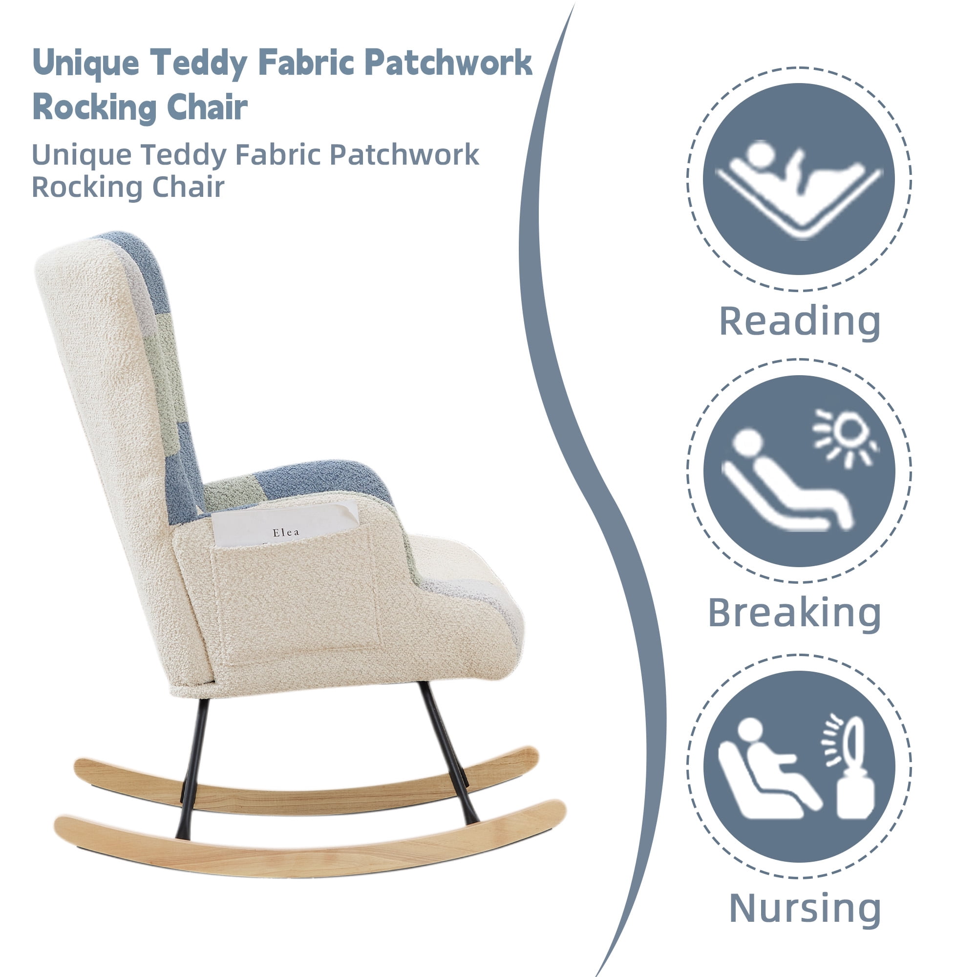 Patchwork Teddy Fleece Upholstered Rocking Chair, High Back Nursery Glider Rocker with Side Storage Pocket, Rubberwood Rockers Accent Armchair for Nursery Living Room Bedroom Office.