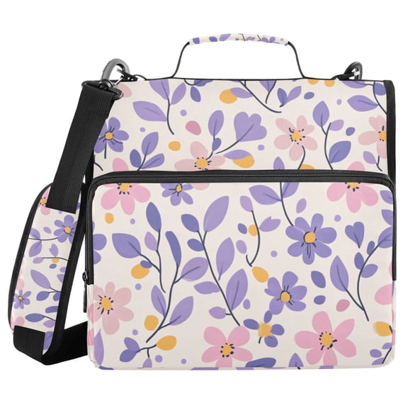 Simple Flowers Pattern Binder Bag with Shoulder Strap 3 Ring Zipper Binder File Folder Document Storage