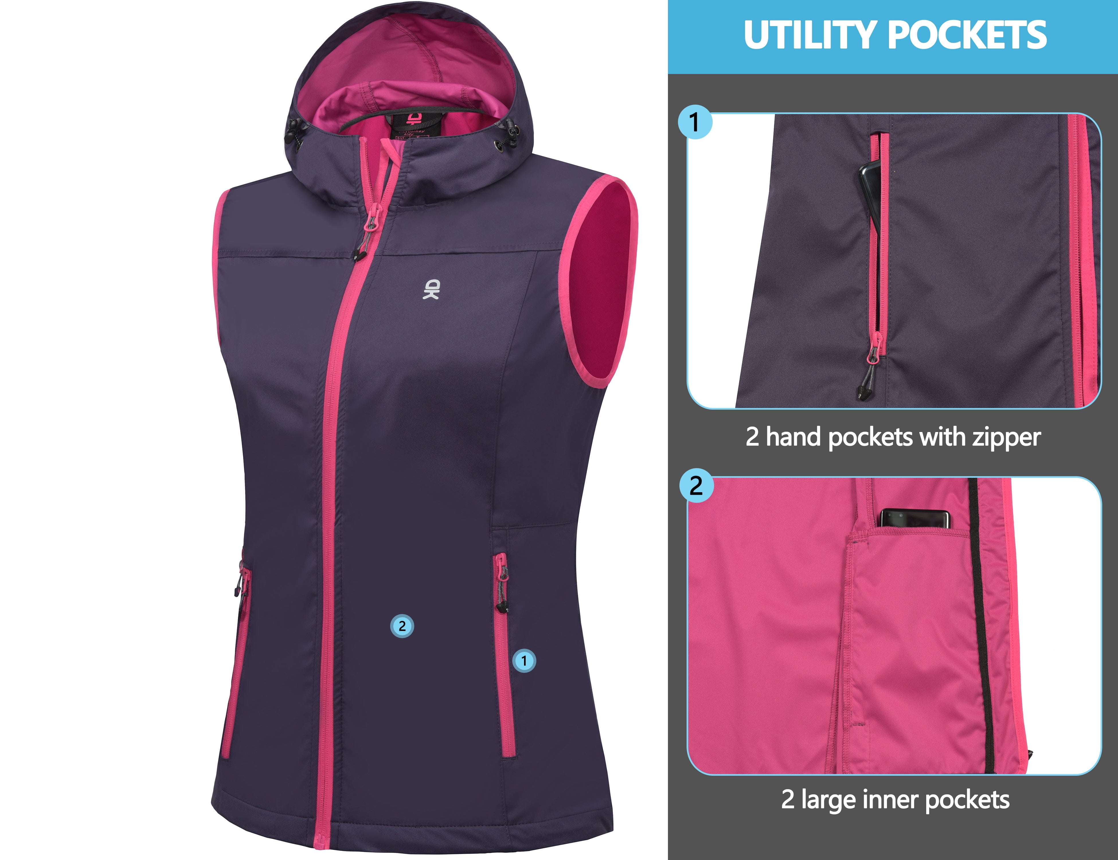 Little Donkey Andy Women's Lightweight Softshell Vest, Hooded Windproof Sleeveless Jacket for Golf Travel Hiking Running Purple XS