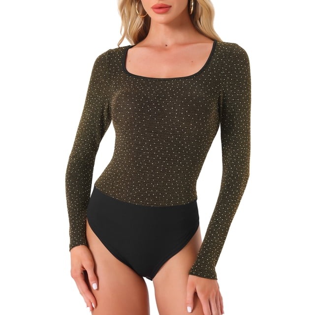 INSPIRE CHIC Bodysuits de Fiesta para Mujeres con Puntos Metálicos Brillantes, Cuello Cuadrado, Mangas Largas, Tallas L y O