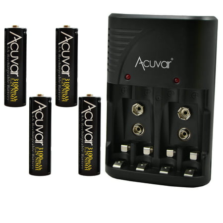 4 Acuvar AA Rechargeable Batteries + Acuvar 3 in 1 Battery Charger for Double AA, Triple AAA and 9V
