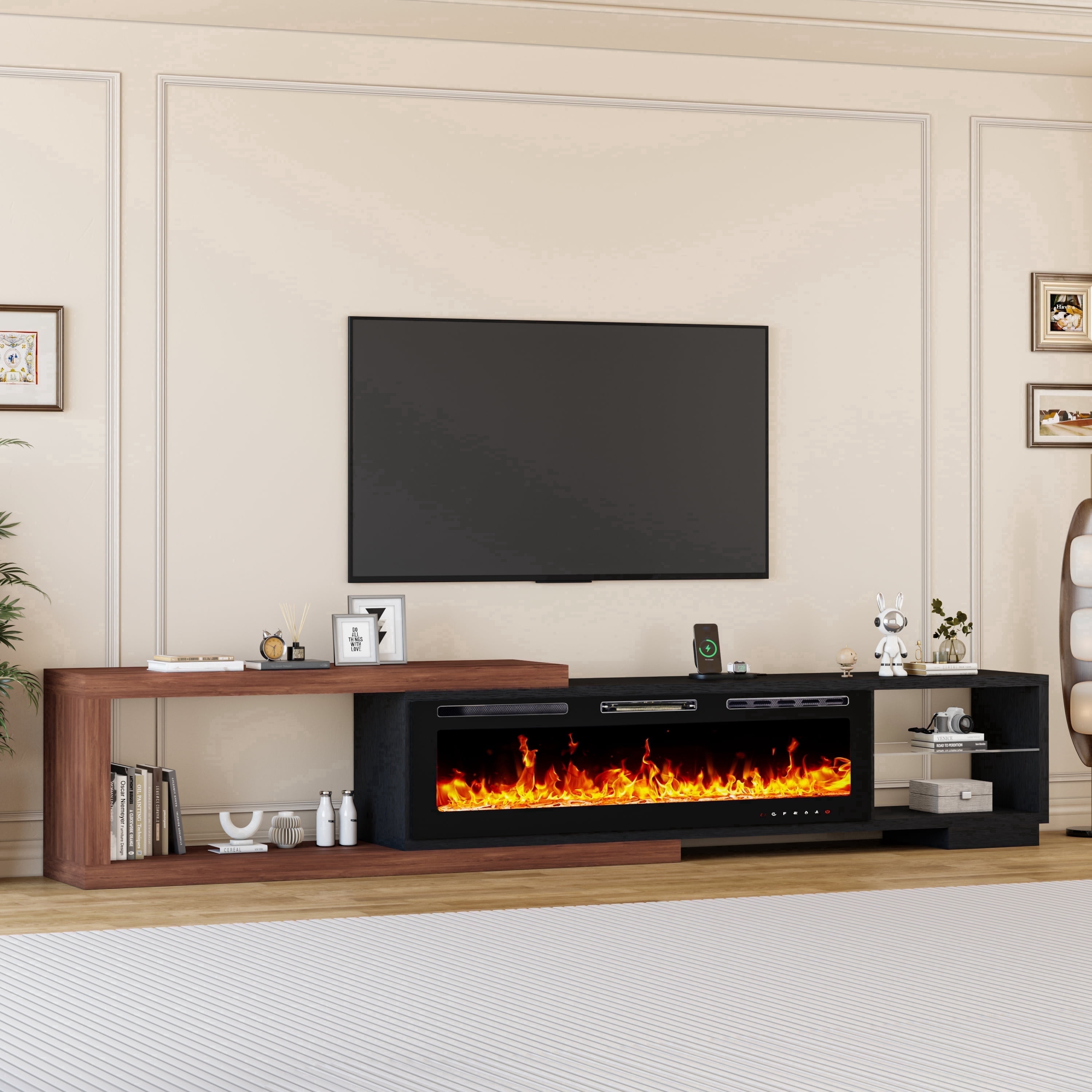 JassmiPkwy 116" Living Room Telescopic TV Stand with 50-inch LED Flame Electric Fireplace, Shelving Storage Cabinet, and Entertainment Center with LED Lighting and Charging Station, Black