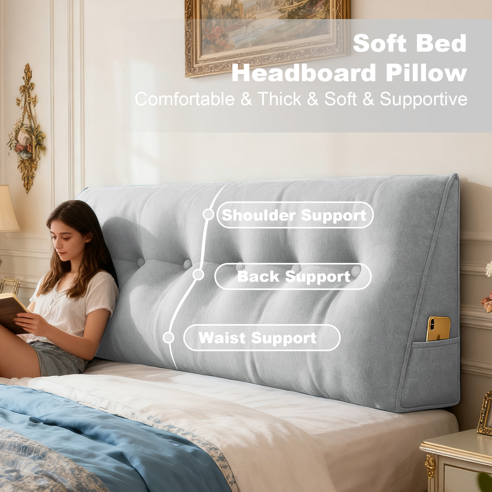 ANMINY Soft Fleece Headboard Pillow - High Elastic Pearl Cotton Filling, Removable Cover, Side Pocket, Ideal for Bed & Sofa Back Support