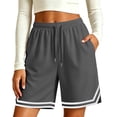 thumbnail image 6 of Costeam Womens Striped Hem Mesh Basketball Shorts Dual Side Slip Pockets Self Fabric Drawstring Full Elastic High Waist Breathable Loose Mid Knee Athletic Workout Short Bottoms, 6 of 8