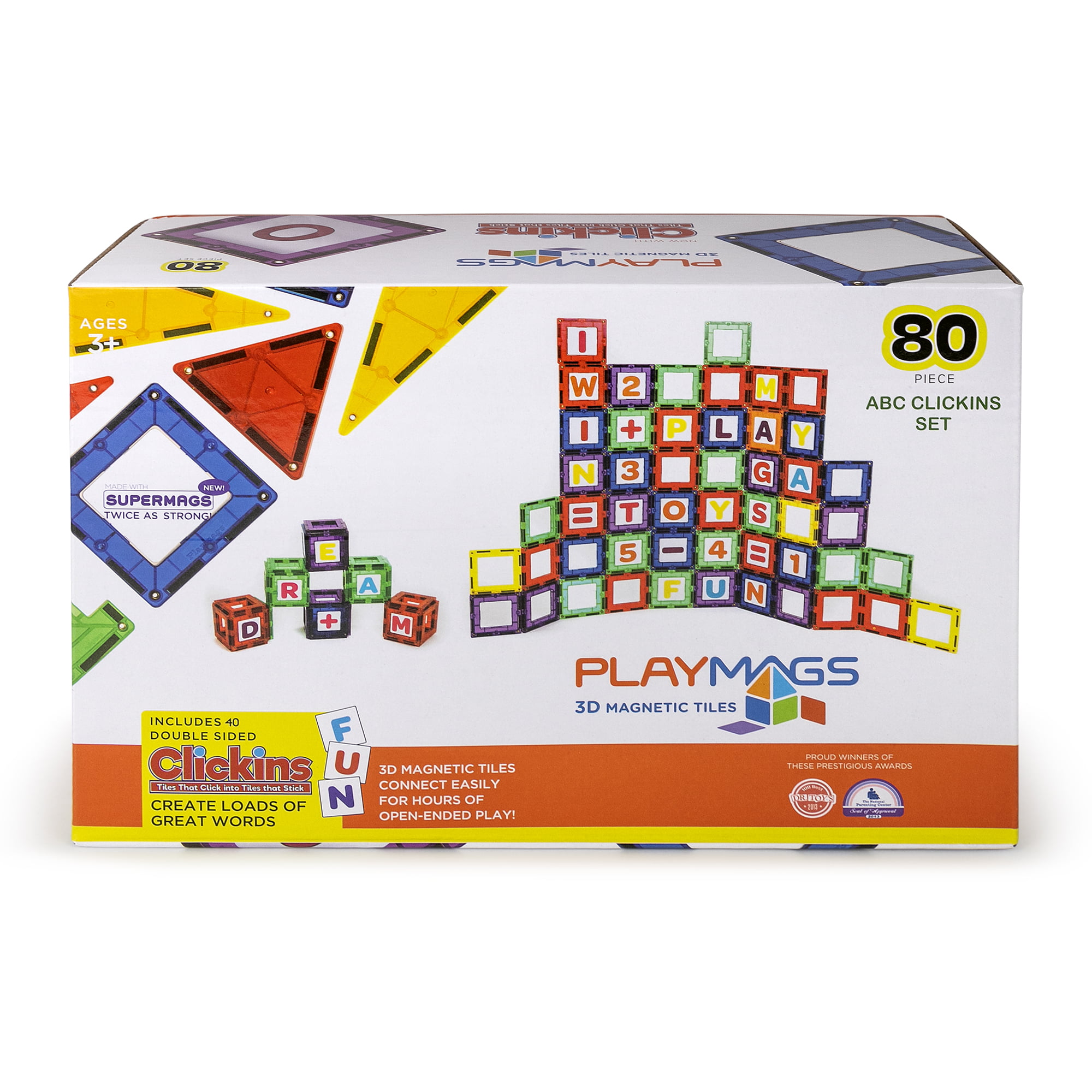 Playmags Magnetic Tile Building Set: Exclusive Educational Clickins –  80-Pc. Kit: 40 Super Strong Clear Color Magnet Tiles Windows & 40 Letters &  Numbers – Stimulate Creativity & Brain Development 