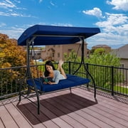 Arlopu 3-Seat Patio Swing Chair Outdoor Converting Patio Swing Glider with Adjustable Canopy, Removable Cushion, Dark Blue