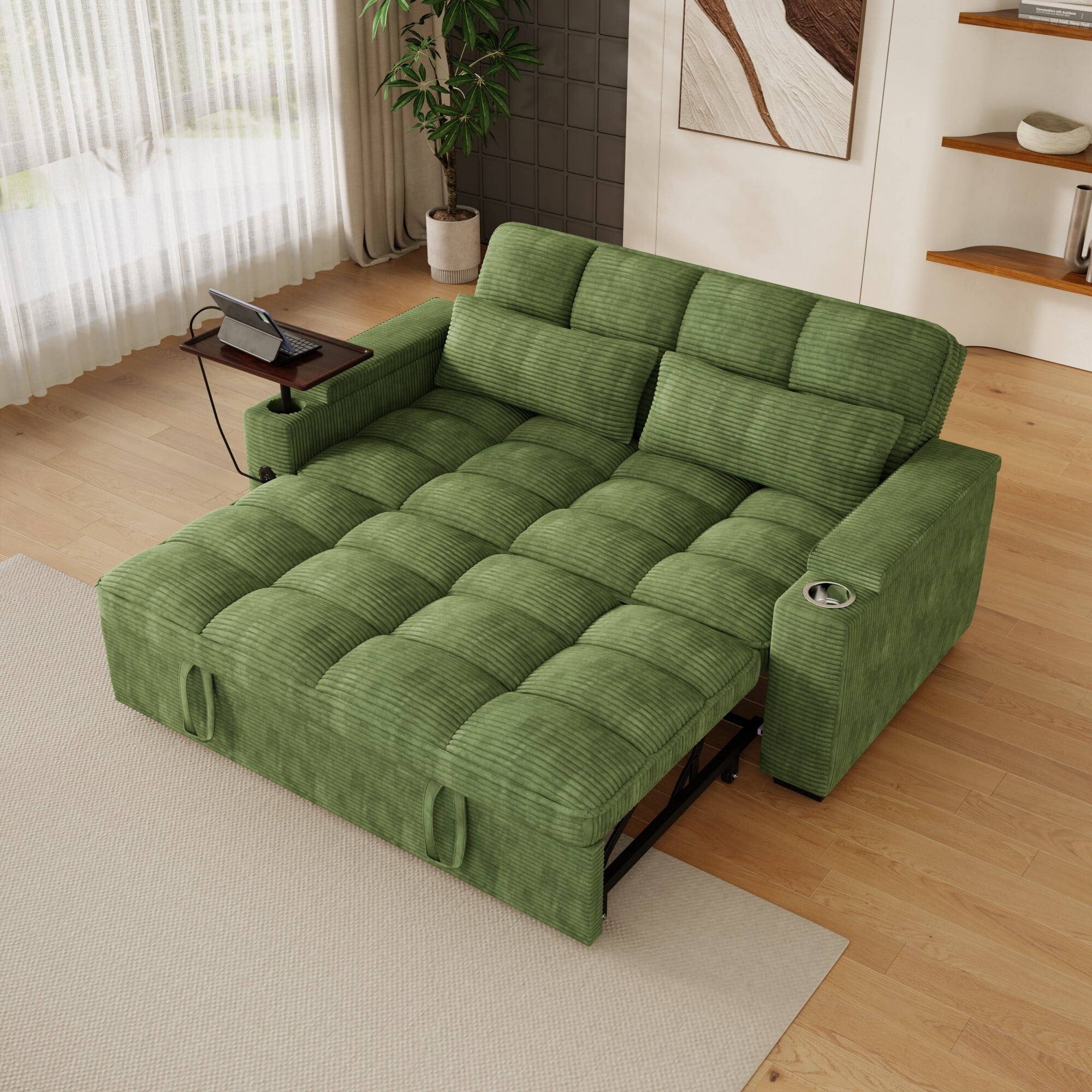 DEALTOPS 65" Corduroy Sleeper Sofa Bed, 3-Position Pull Out Couch with 360° Swivel Table, USB & Storage, Green