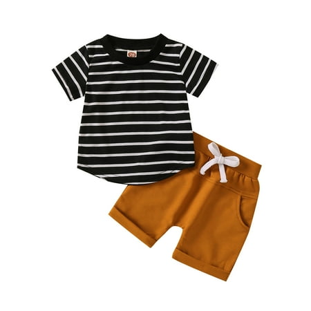 

Outfits for Girls Summer Short Sleeve Striped Prints Tops Shorts 2Pcs Round Neck Casual Sporty Kids formal Suits for Boys