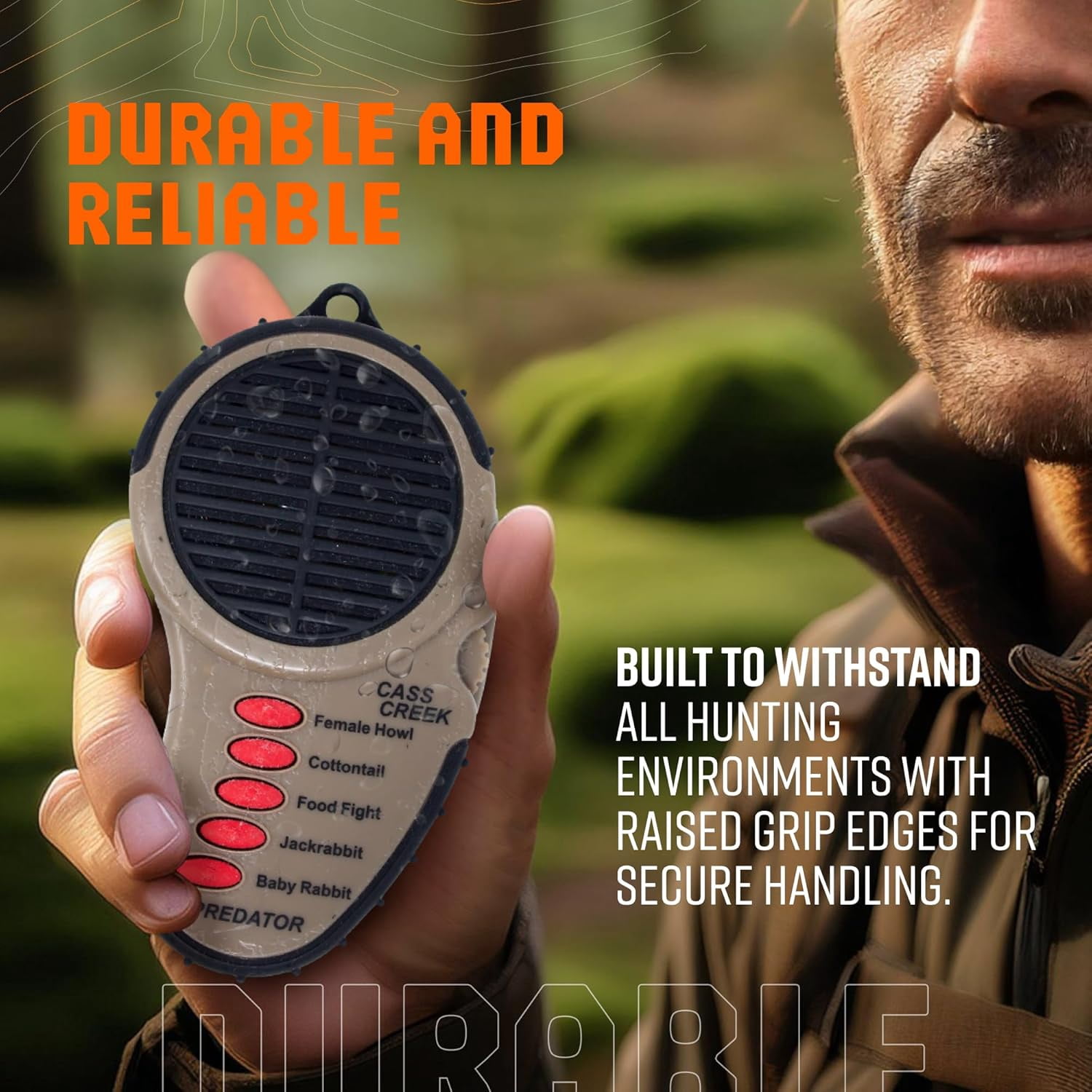 Cass Creek Ergo Predator Call for Hunting, Electronic Handheld Coyote Game Call, Compact with 5 Preloaded Predator Sounds, One-Hand Use