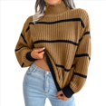 thumbnail image 2 of Suéter de Punto Grueso A Rayas con Cuello Alto para Mujer, Suéteres de Larga de Invierno, Tops Caqui M, 2 of 9