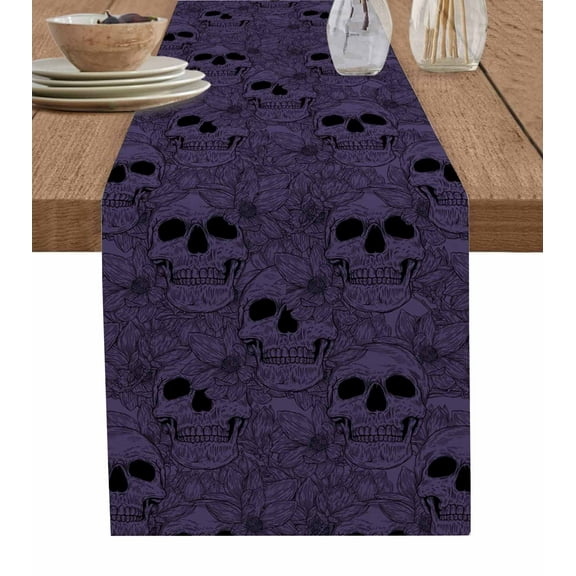Halloween Burlap-Cotton Table Runner 72 Inches Long,Purple Black Skull Floral Botanical Farmhouse Table Runners,Outdoor Dining Tablecloths Decor for Baby Shower Party Wedding 18x72