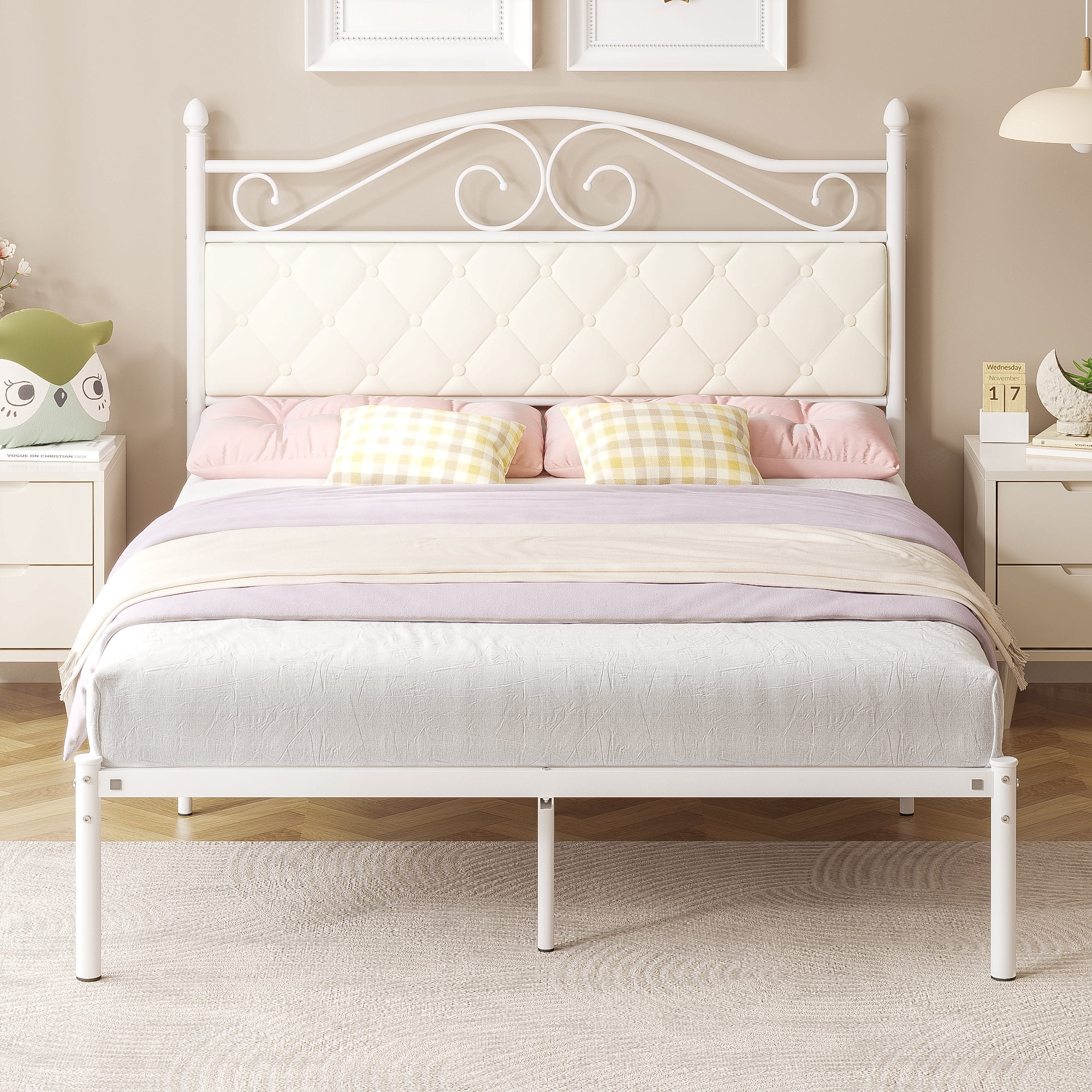 Yoneston Full Size Metal Platform Bed Frame with Faux Leather Upholstered Headboard for Adults Kids Bedroom Furniture, White