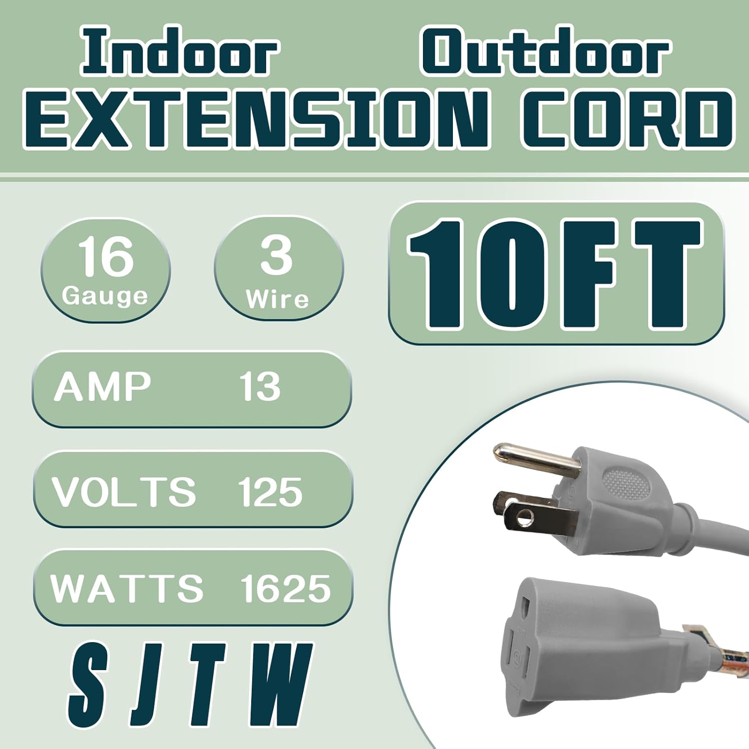 JJEAN-Indoor Outdoor Extension Cord 10 FT, 16/3 SJTW Weatherproof Grey Electrical Cords, 13 AMP Heavy Duty 3 Prong Power Cable Great for Garden, Landscaping & Holiday Decorations