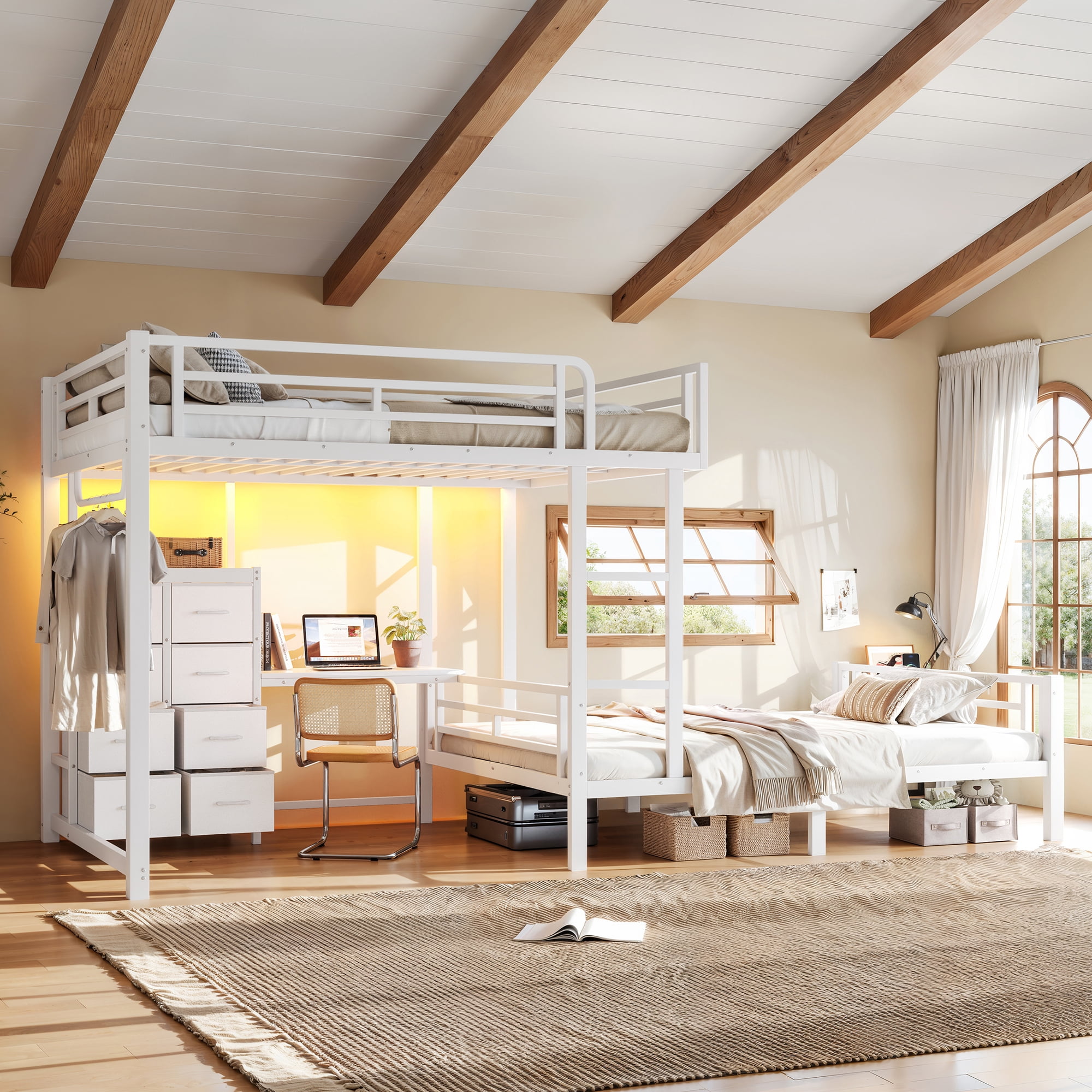 Leumius Full over Full Size with 8 Storage Drawers,Built in Bunk Bed with Shelves,Bunk Bed with Study Desk,Garment Hanging Rod and Detachable Hanging USB for Kids,Teens,Adults White