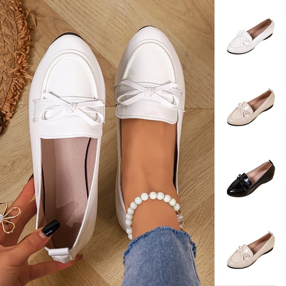 Miluxas Women's Trendy Patent Leather Comfort Casual Closed Round Toe Slip On Bow-Knot Dress Flat Loafers Pump Shoes with Tassal White 9.5(43)
