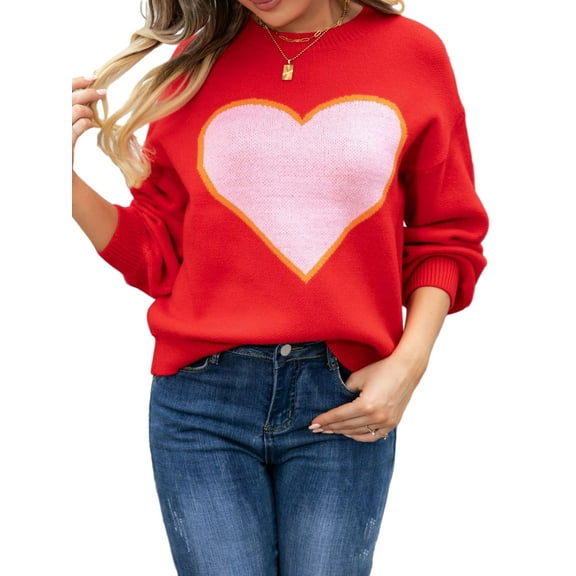 Michellecmm  Women Loose Knit Sweater Heart Pattern Valentine's Day Sweater