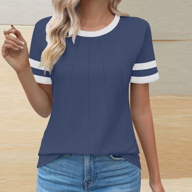 asjyhkr T-Shirts d'Été pour Femmes Col Rond Chemises à Carreaux Manches Courtes Tendance Décontractée Extensible Confortable Blouses à Blocs de Couleur