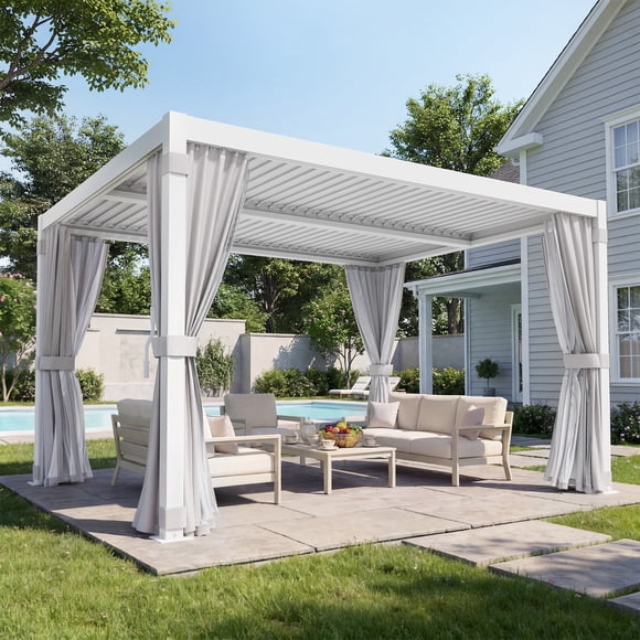 MELLCOM Louvered Pergola, Aluminum Pergola with Adjustable Louvered Roofs, Outdoor Gazebo with Waterproof Curtains and Nets (10'x12' White)