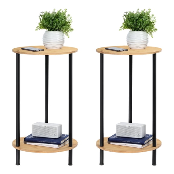 OYEAL2 pcs Small Round Side Tables, 2-Tier Rustic End Tables with Storage Shelf, Nightstand Furniture for Bedrooms and Small Spaces