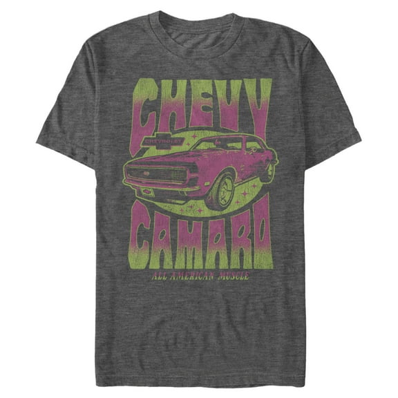 Men's General Motors Retro Pink and Green Chevy Camaro Graphic Tee Charcoal Heather 2X Large