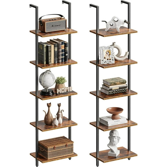 5-Tier Bookshelf, Narrow Book Shelf Set of 2, Open Wall-Mounted Ladder Shelf with Metal Frame, Display Bookcase for Home Office, Bedroom, Rustic Brown