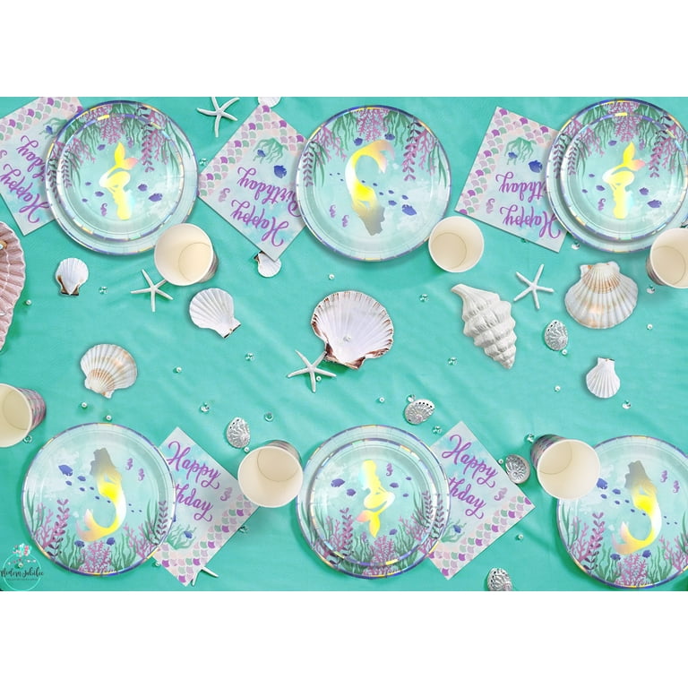 Modern Jubilee Mermaid Birthday Party Decorations & Supplies Complete Set Kit | Iridescent Banner Plates Cups Cutlery Napkins Balloons Net Turquoise