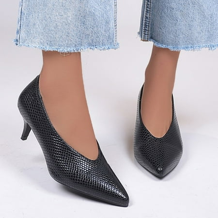 

EQWLJWE Womens Low Kitten Heels Snakeskin Pumps Closed Pointed Toe Dress Office Slip On Shoes