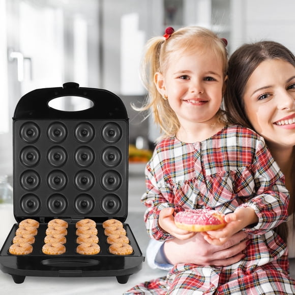 Mini máquina para hacer donas para niños, máquina para hacer donas con doble calentamiento, apta para 16 donas pequeñas, 1400 W, perfecta para desayunos, bocadillos y postres