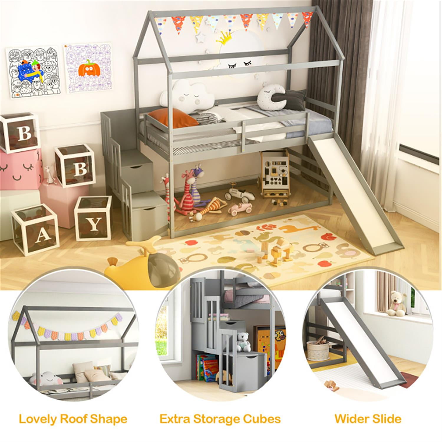 Demi Bonn Twin Over Twin Bunk Bed with Slide and 2-Step Storage Staircase, Solid Wood Loft Bed with Ladder and Full-length Guardrails, Gray